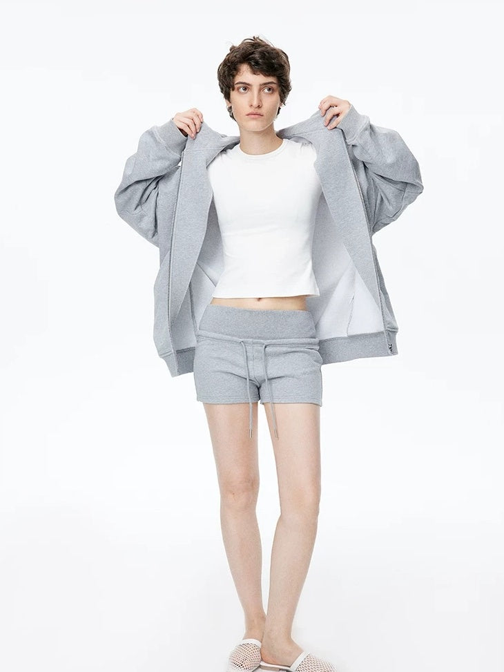 LoalaOffice 100 Percent Cotton Street Loose Fit Hooded Zip Cardigan Women Black Outerwear