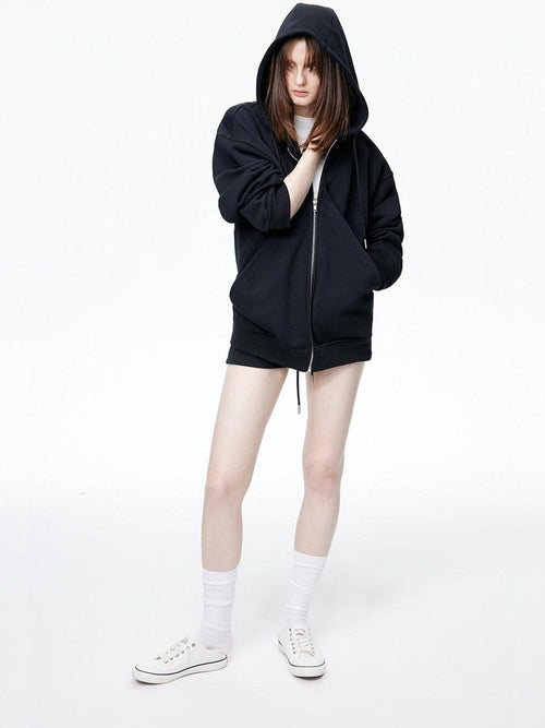 LoalaOffice 100 Percent Cotton Street Loose Fit Hooded Zip Cardigan Women Black Outerwear