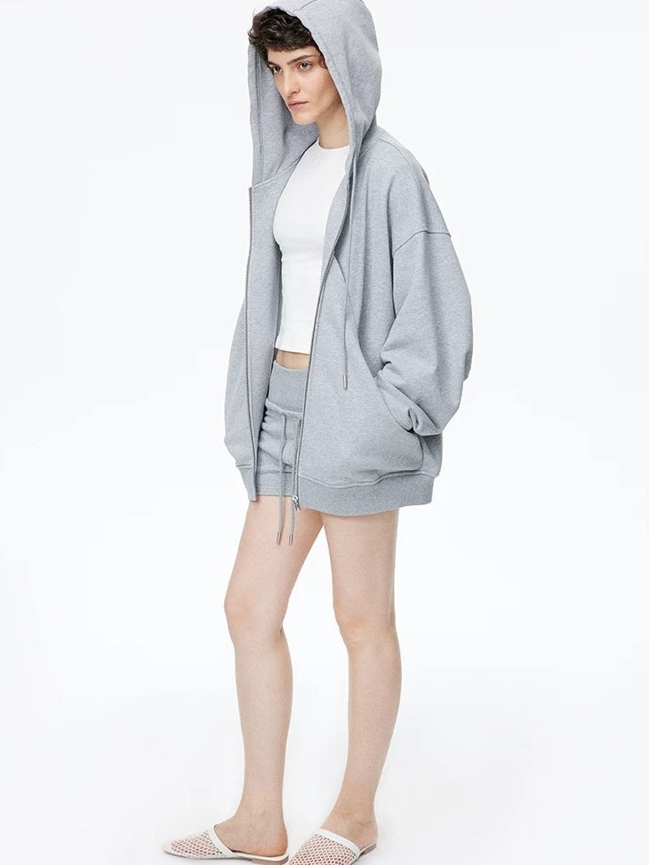 LoalaOffice 100 Percent Cotton Street Loose Fit Hooded Zip Cardigan Women Black Outerwear