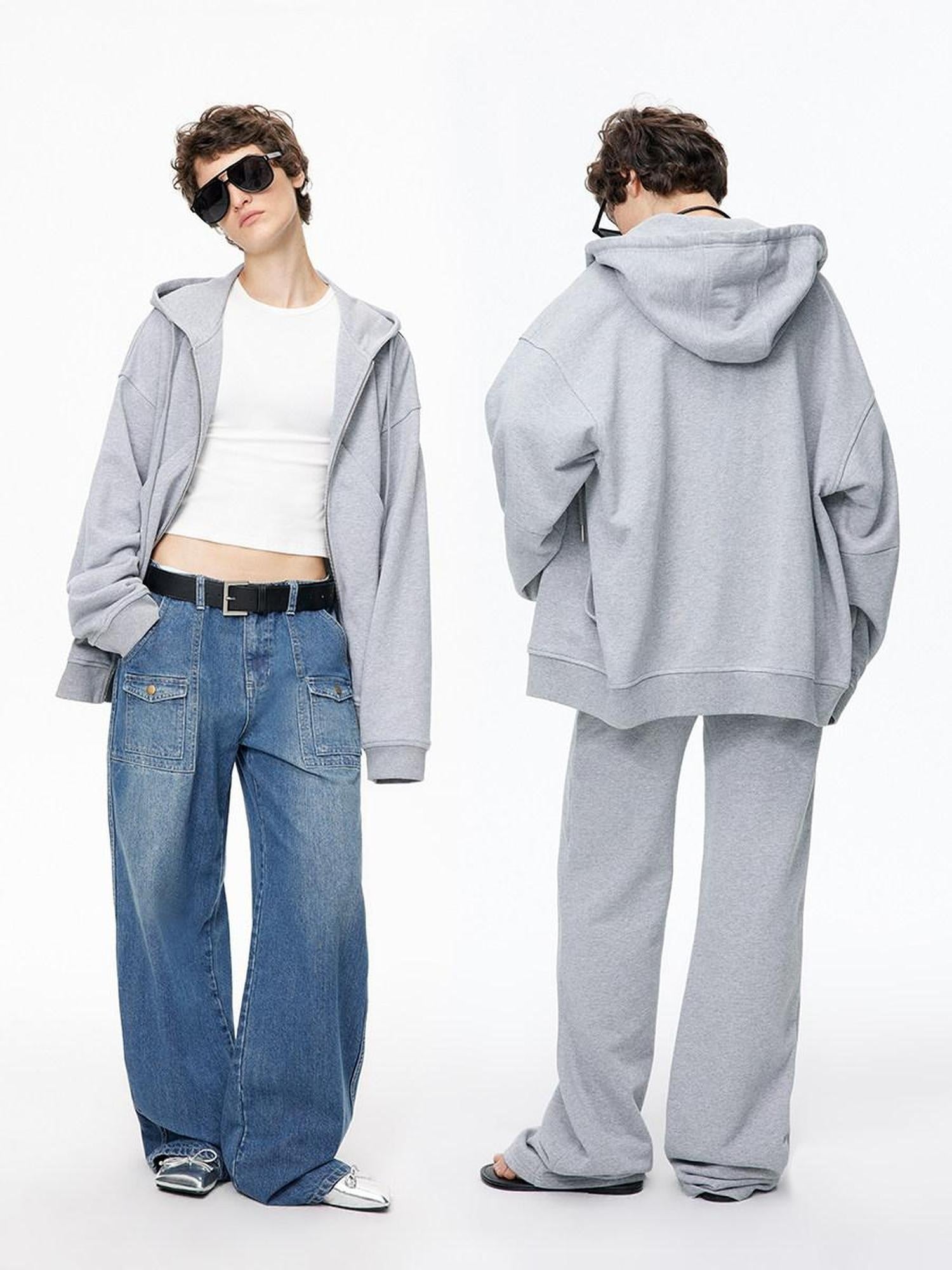 LoalaOffice 100 Percent Cotton Street Loose Fit Hooded Zip Cardigan Women Black Outerwear