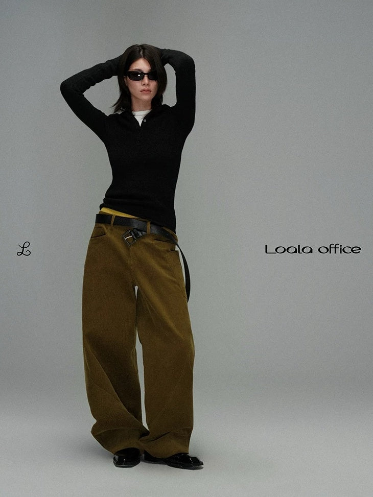 LoalaOffice Acrylic Slim Fit V Neck Button Black White Striped Long Sleeve Women Tops