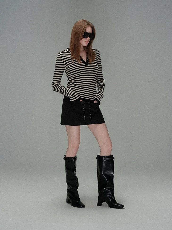 LoalaOffice Acrylic Slim Fit V Neck Button Black White Striped Long Sleeve Women Tops