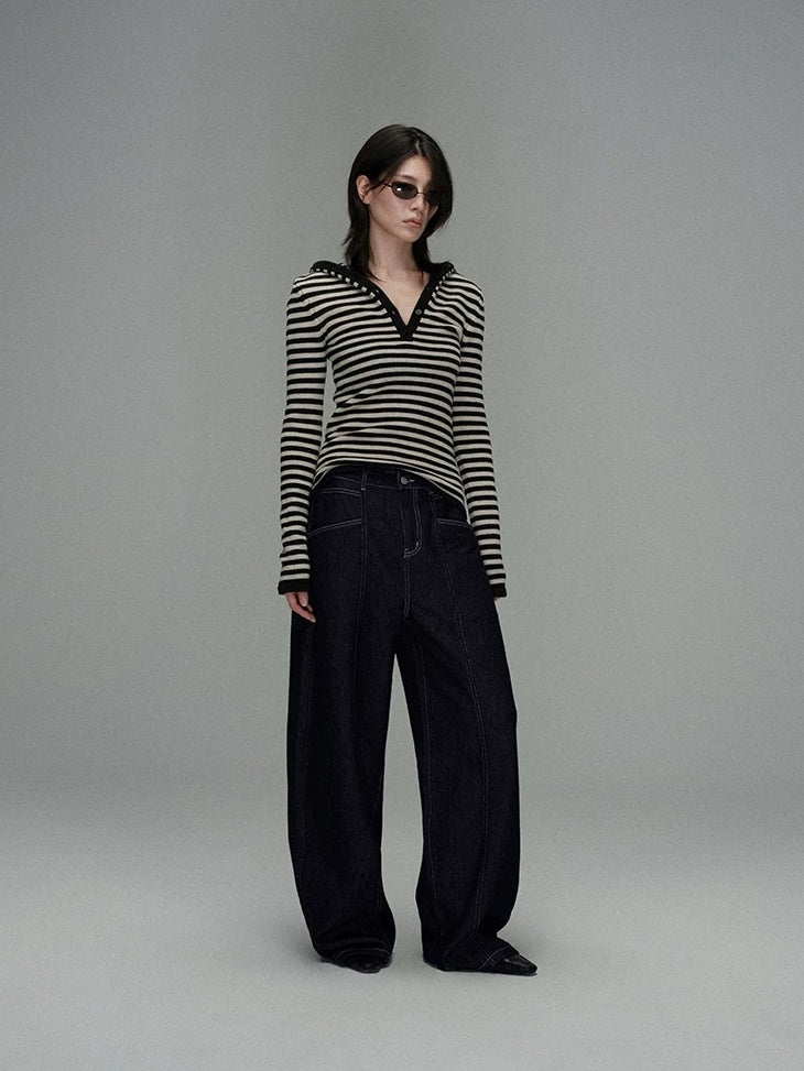 LoalaOffice Acrylic Slim Fit V Neck Button Black White Striped Long Sleeve Women Tops