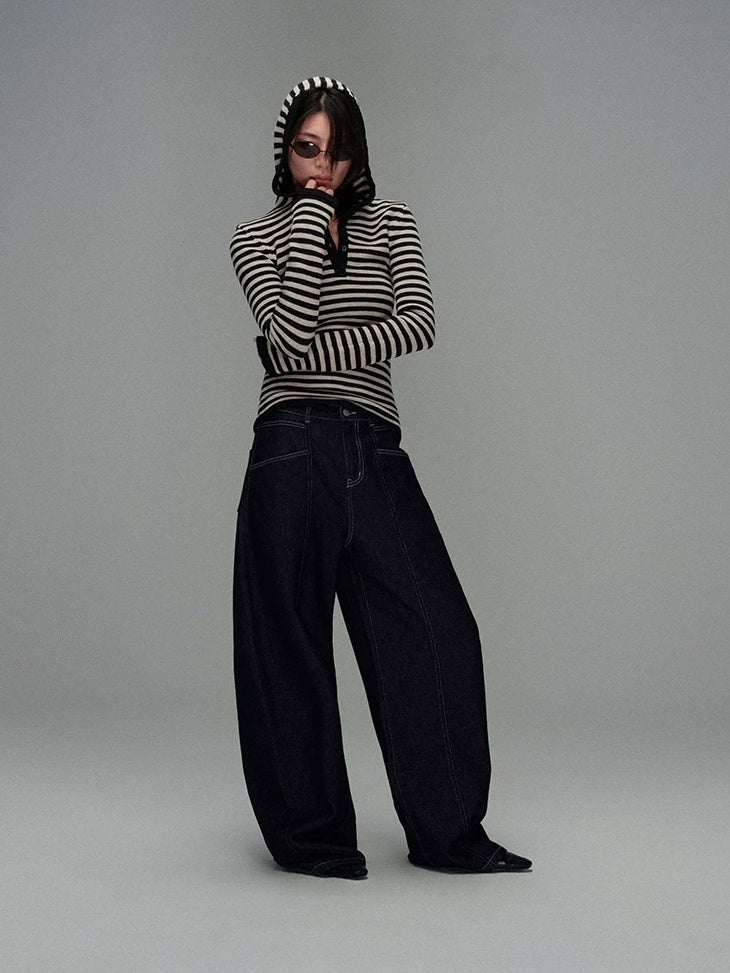 LoalaOffice Acrylic Slim Fit V Neck Button Black White Striped Long Sleeve Women Tops