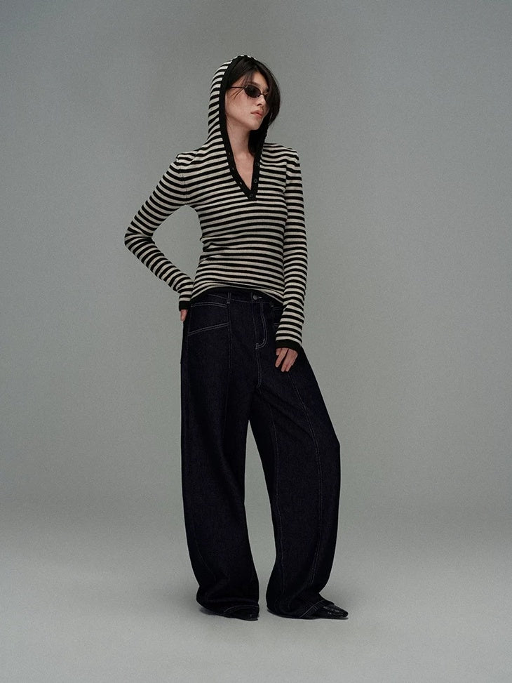 LoalaOffice Acrylic Slim Fit V Neck Button Black White Striped Long Sleeve Women Tops