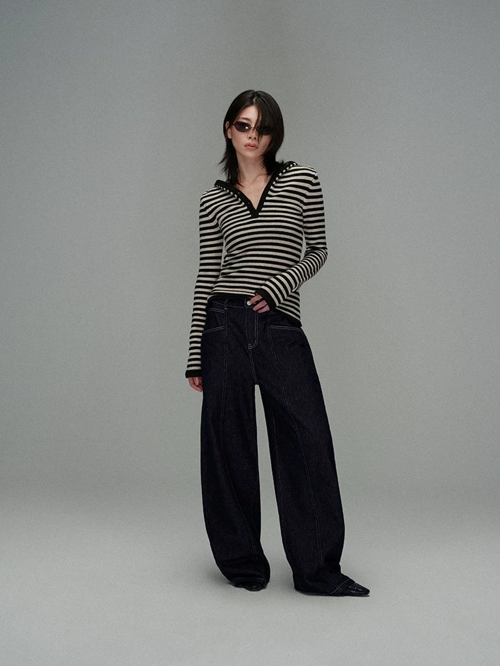 LoalaOffice Acrylic Slim Fit V Neck Button Black White Striped Long Sleeve Women Tops