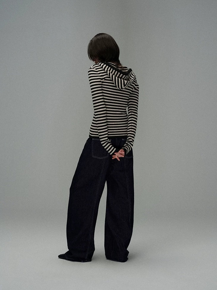 LoalaOffice Acrylic Slim Fit V Neck Button Black White Striped Long Sleeve Women Tops