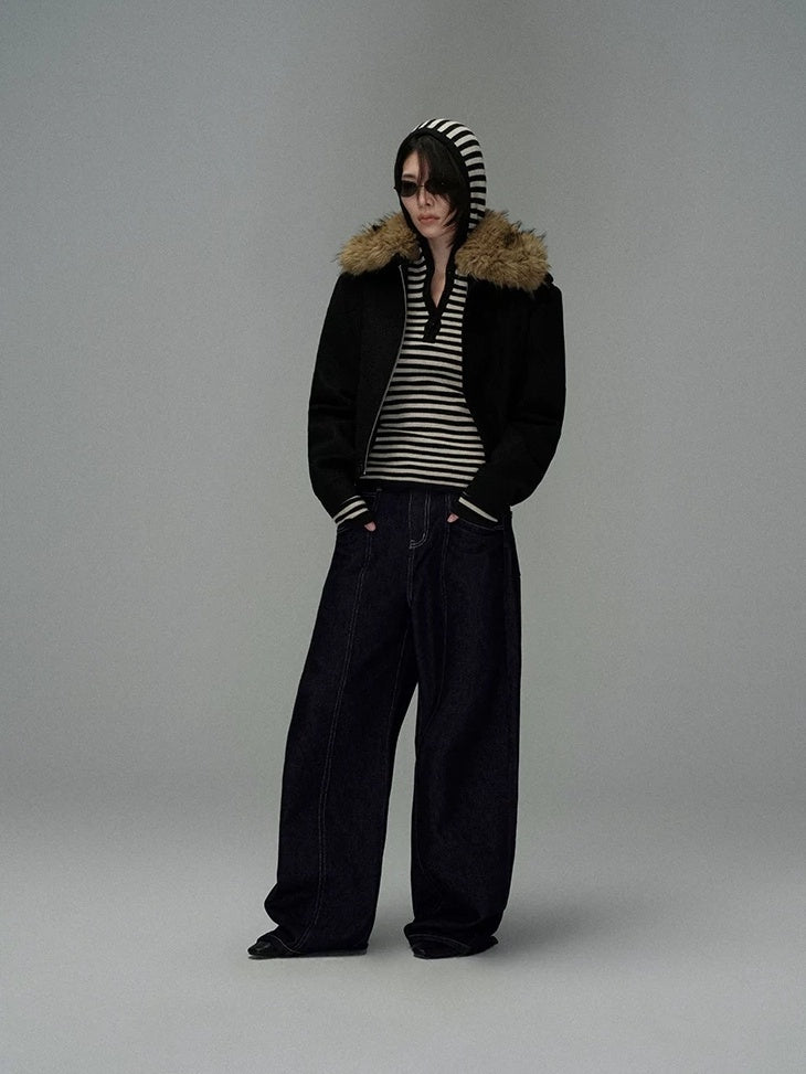 LoalaOffice Acrylic Slim Fit V Neck Button Black White Striped Long Sleeve Women Tops