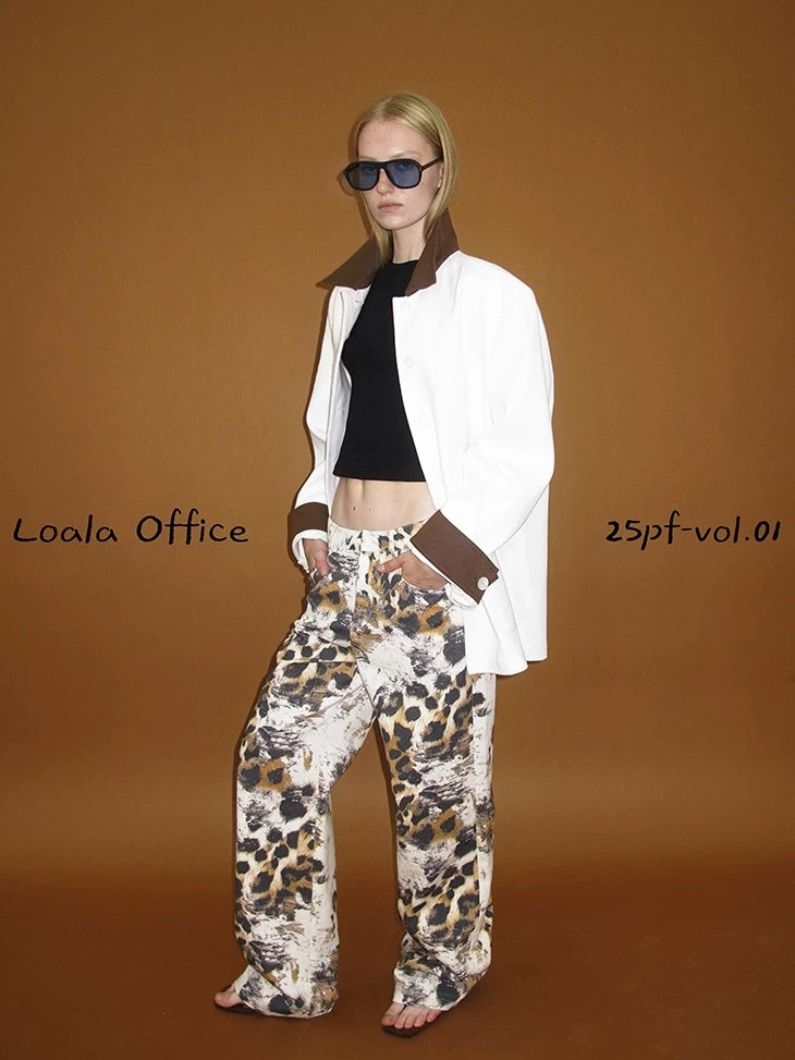 LoalaOffice Asymmetric Floral Print Low Rise Cotton Casual Straight Leg Zipper Fly Bottoms