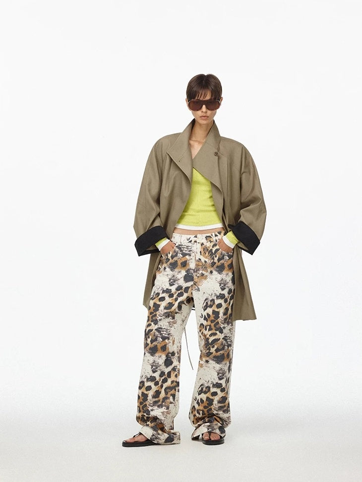 LoalaOffice Asymmetric Floral Print Low Rise Cotton Casual Straight Leg Zipper Fly Bottoms