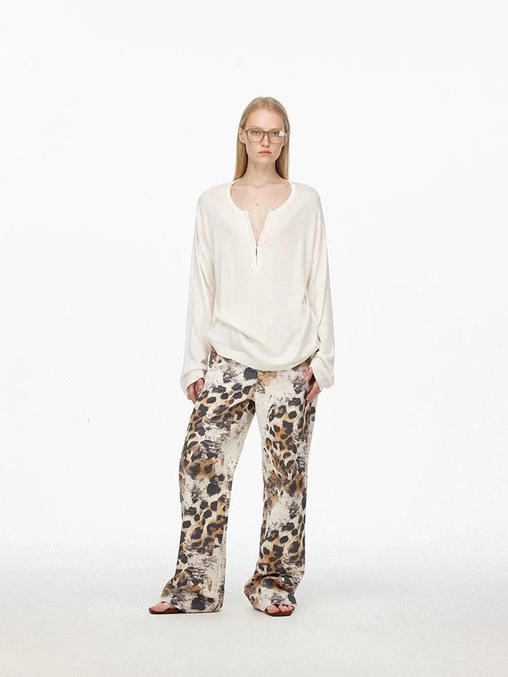 LoalaOffice Asymmetric Floral Print Low Rise Cotton Casual Straight Leg Zipper Fly Bottoms