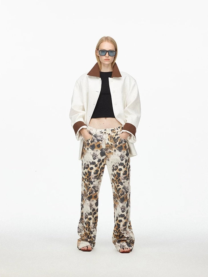 LoalaOffice Asymmetric Floral Print Low Rise Cotton Casual Straight Leg Zipper Fly Bottoms