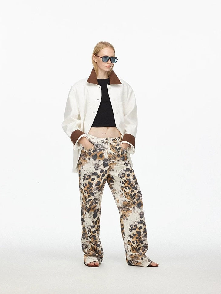 LoalaOffice Asymmetric Floral Print Low Rise Cotton Casual Straight Leg Zipper Fly Bottoms