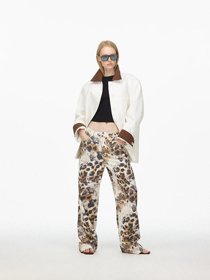 LoalaOffice Asymmetric Floral Print Low Rise Cotton Casual Straight Leg Zipper Fly Bottoms