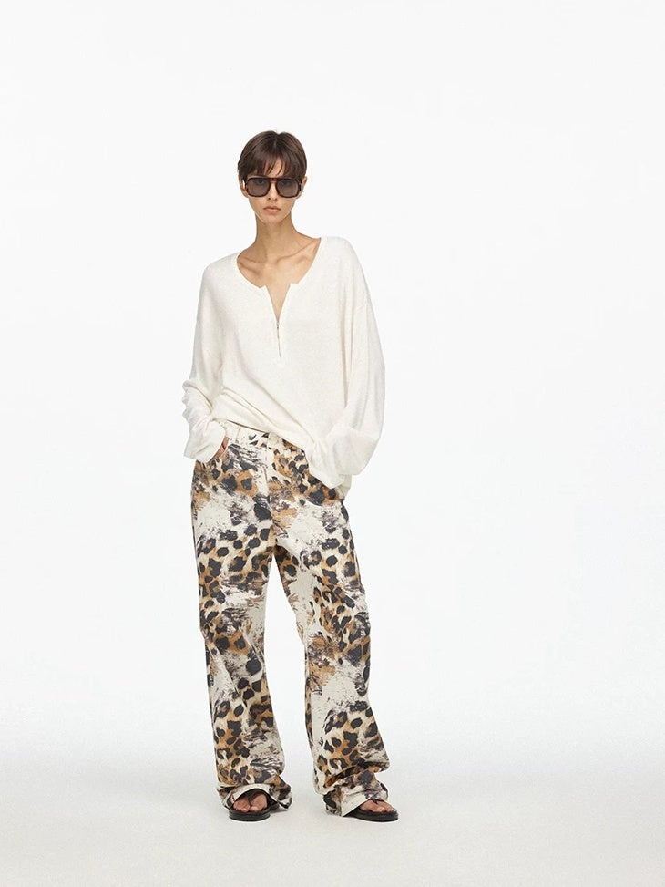 LoalaOffice Asymmetric Floral Print Low Rise Cotton Casual Straight Leg Zipper Fly Bottoms