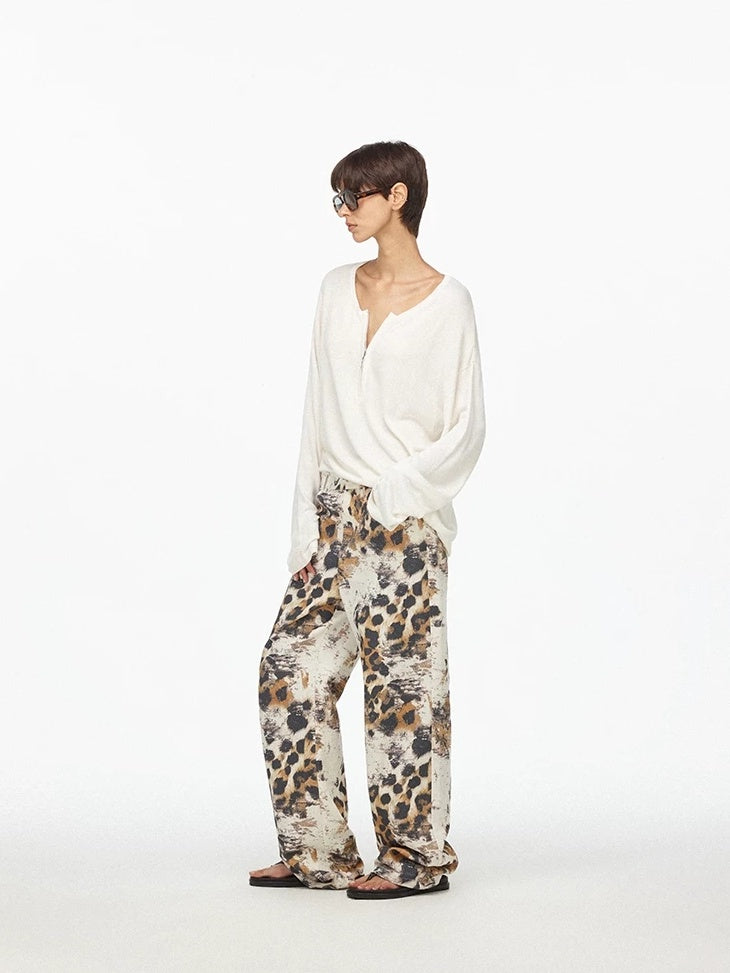 LoalaOffice Asymmetric Floral Print Low Rise Cotton Casual Straight Leg Zipper Fly Bottoms