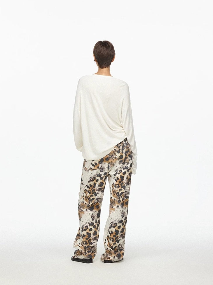 LoalaOffice Asymmetric Floral Print Low Rise Cotton Casual Straight Leg Zipper Fly Bottoms