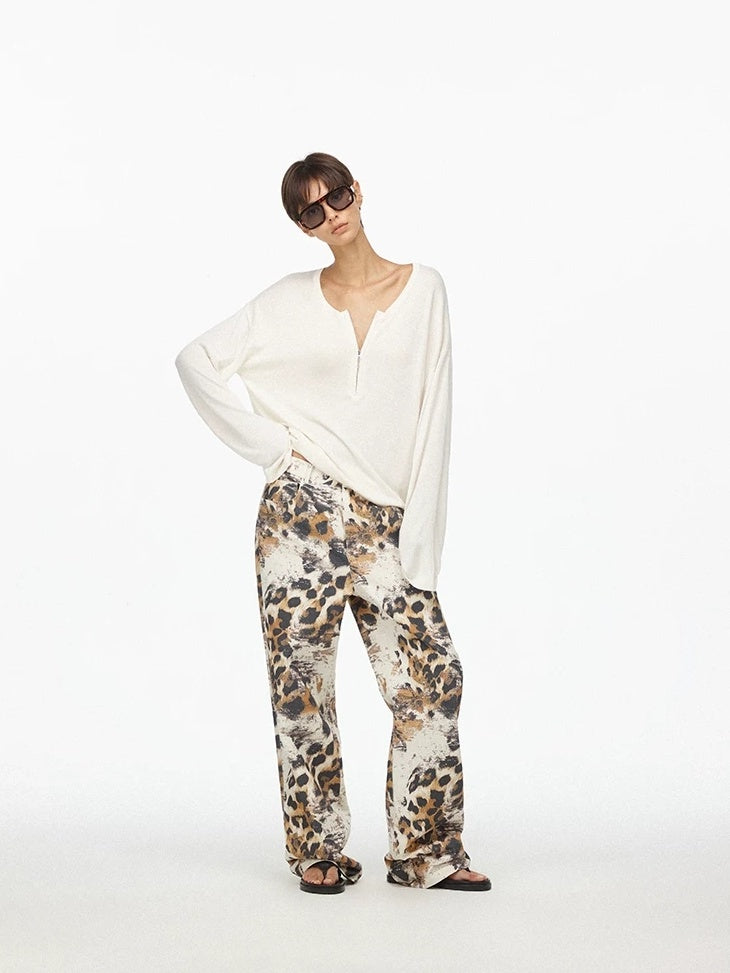 LoalaOffice Asymmetric Floral Print Low Rise Cotton Casual Straight Leg Zipper Fly Bottoms