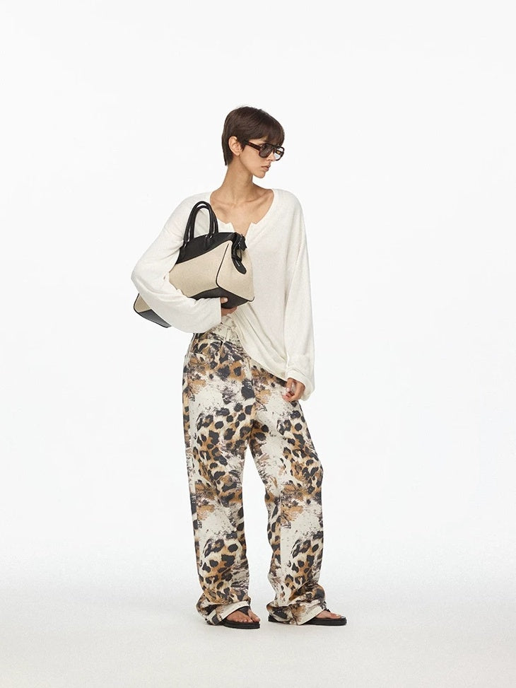 LoalaOffice Asymmetric Floral Print Low Rise Cotton Casual Straight Leg Zipper Fly Bottoms