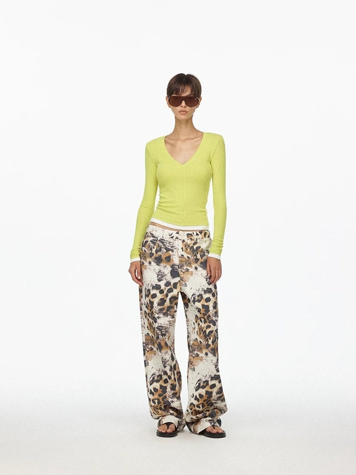 LoalaOffice Asymmetric Floral Print Low Rise Cotton Casual Straight Leg Zipper Fly Bottoms