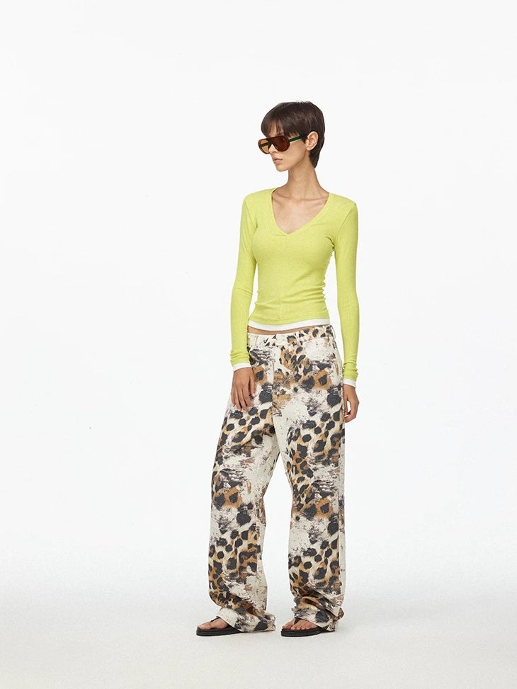 LoalaOffice Asymmetric Floral Print Low Rise Cotton Casual Straight Leg Zipper Fly Bottoms