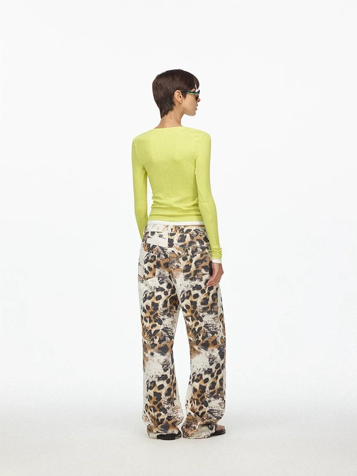 LoalaOffice Asymmetric Floral Print Low Rise Cotton Casual Straight Leg Zipper Fly Bottoms