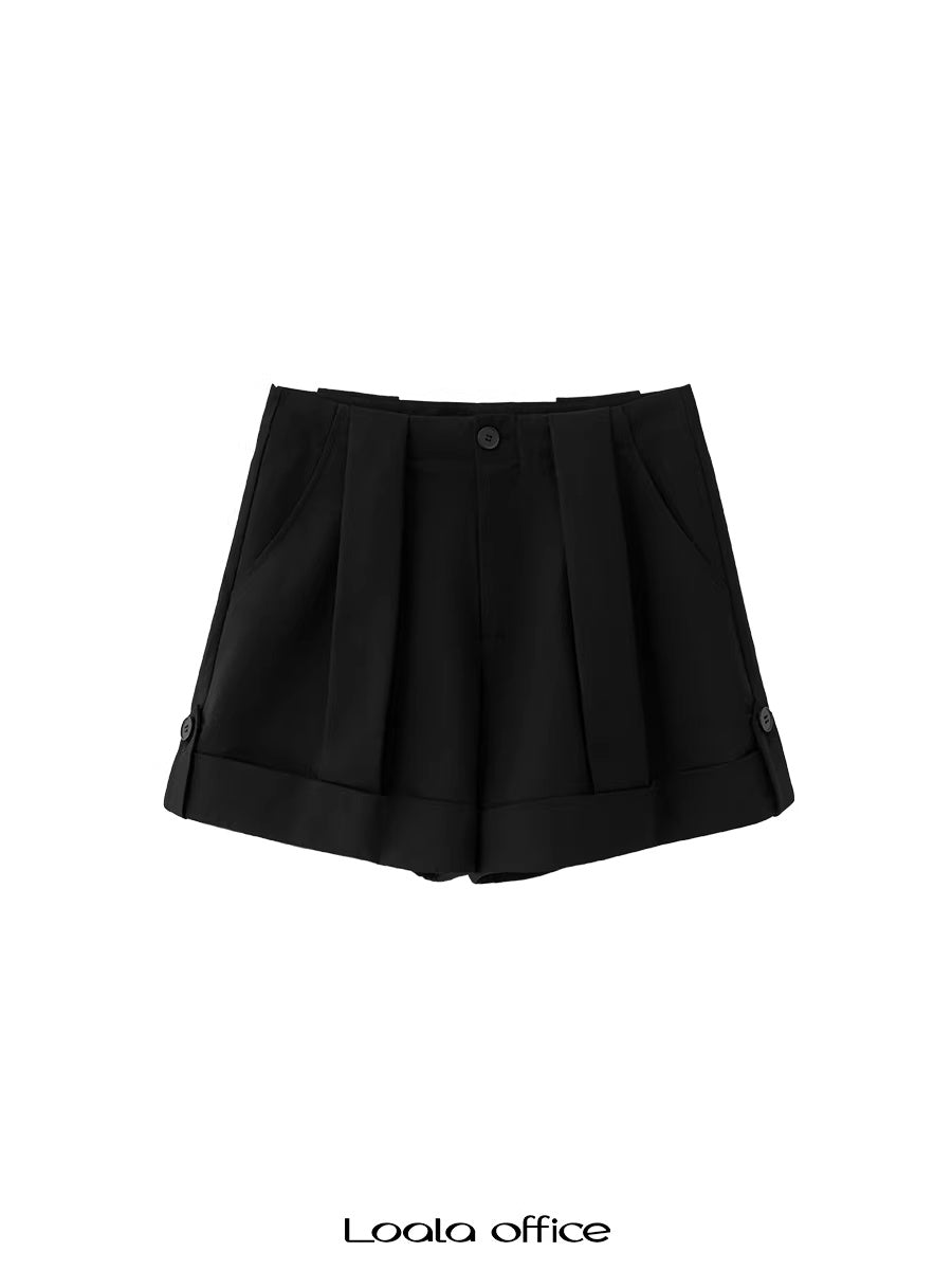 LoalaOffice_Asymmetric_Low_Rise_Button_Straight_Cut_Workwear_Women_Shorts_Polyblend_Bottoms_MISSTT