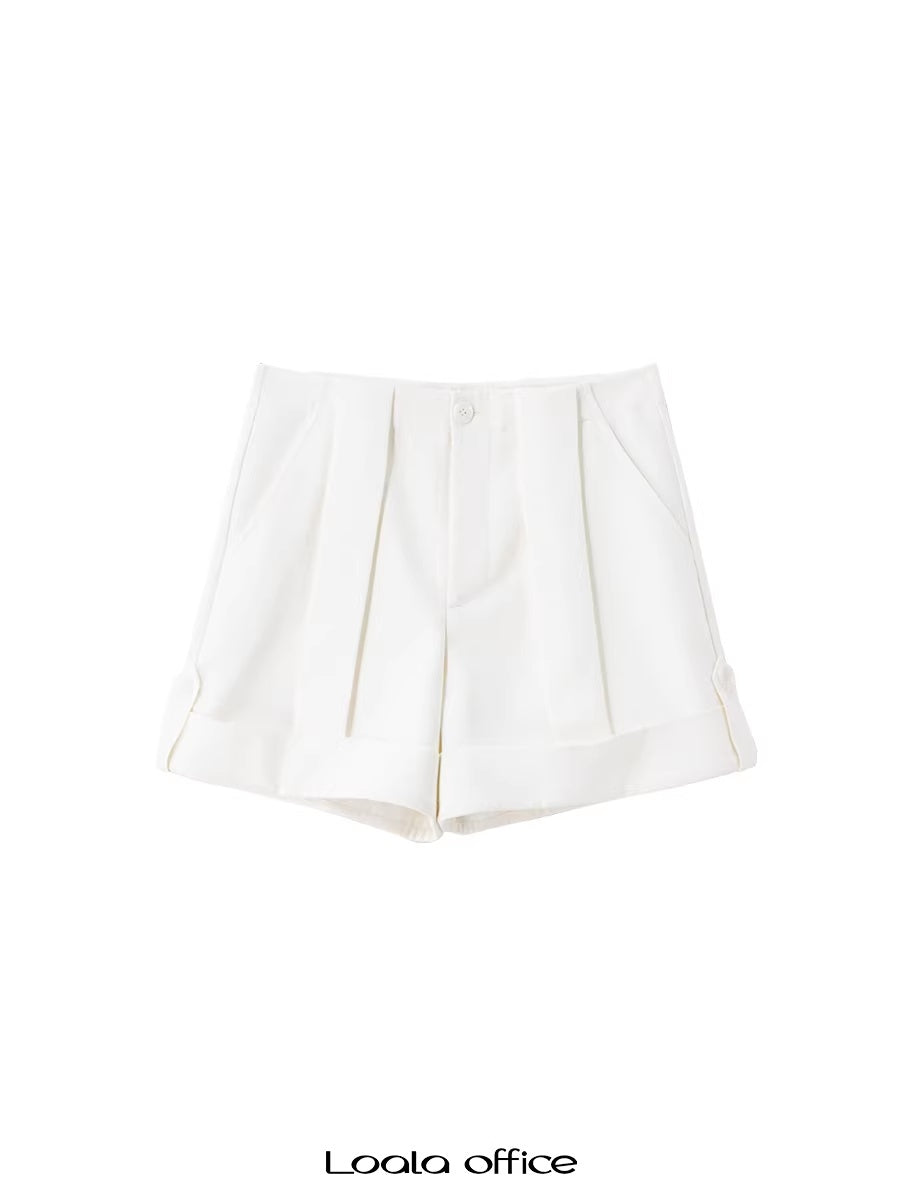 LoalaOffice_Asymmetric_Low_Rise_Button_Straight_Cut_Workwear_Women_Shorts_Polyblend_Bottoms_MISSTT