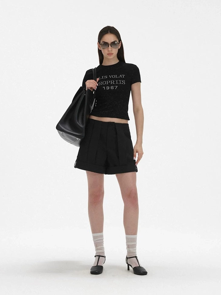 LoalaOffice Asymmetric Low Rise Button Straight Cut Workwear Women Shorts Polyblend Bottoms