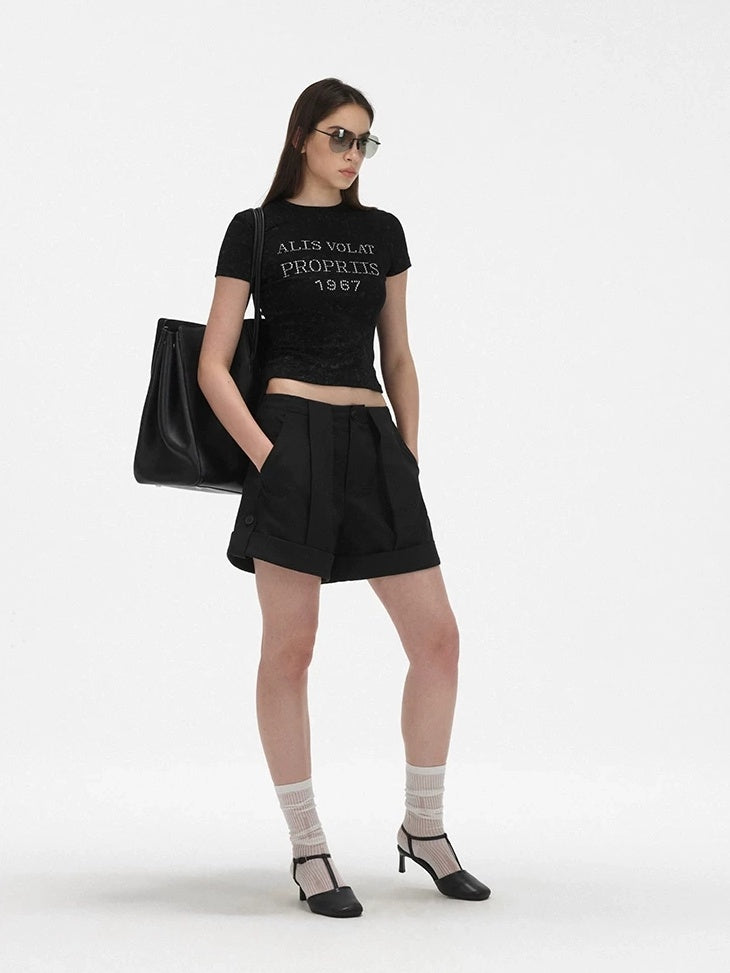 LoalaOffice Asymmetric Low Rise Button Straight Cut Workwear Women Shorts Polyblend Bottoms