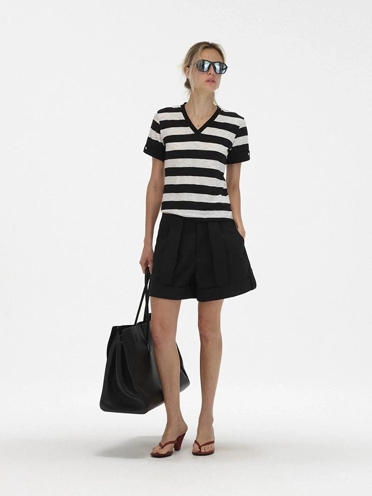 LoalaOffice Asymmetric Low Rise Button Straight Cut Workwear Women Shorts Polyblend Bottoms