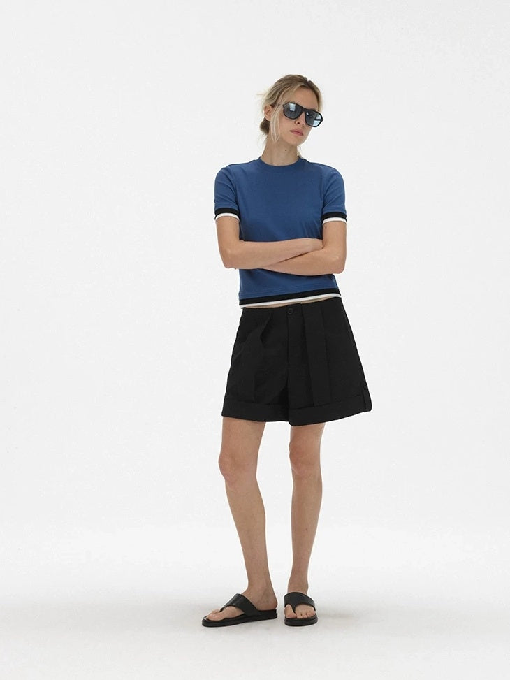 LoalaOffice Asymmetric Low Rise Button Straight Cut Workwear Women Shorts Polyblend Bottoms