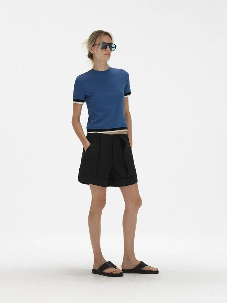 LoalaOffice Asymmetric Low Rise Button Straight Cut Workwear Women Shorts Polyblend Bottoms