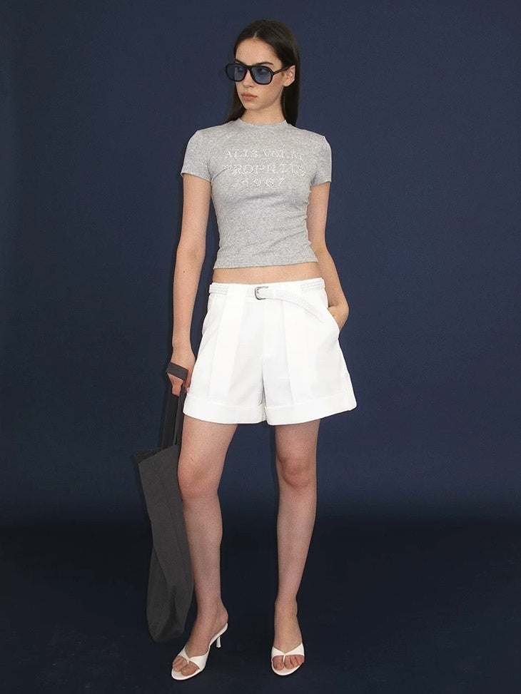 LoalaOffice Asymmetric Low Rise Button Straight Cut Workwear Women Shorts Polyblend Bottoms