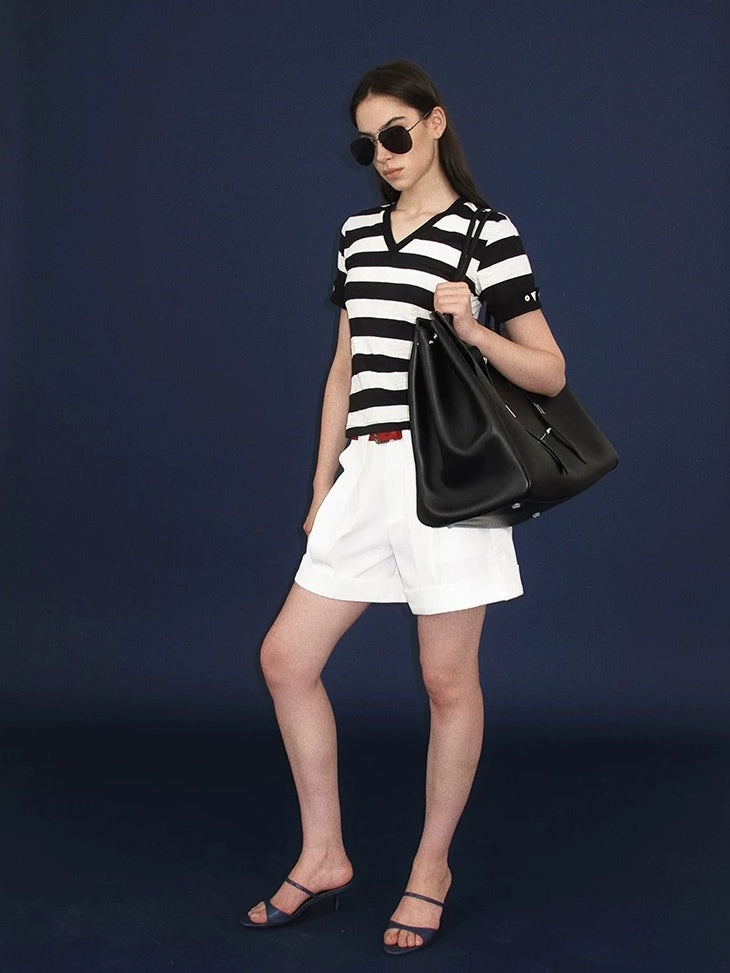 LoalaOffice Asymmetric Low Rise Button Straight Cut Workwear Women Shorts Polyblend Bottoms