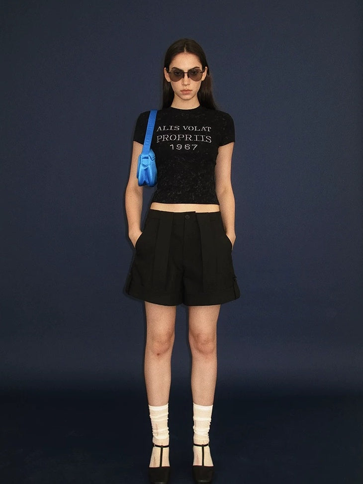 LoalaOffice Asymmetric Low Rise Button Straight Cut Workwear Women Shorts Polyblend Bottoms