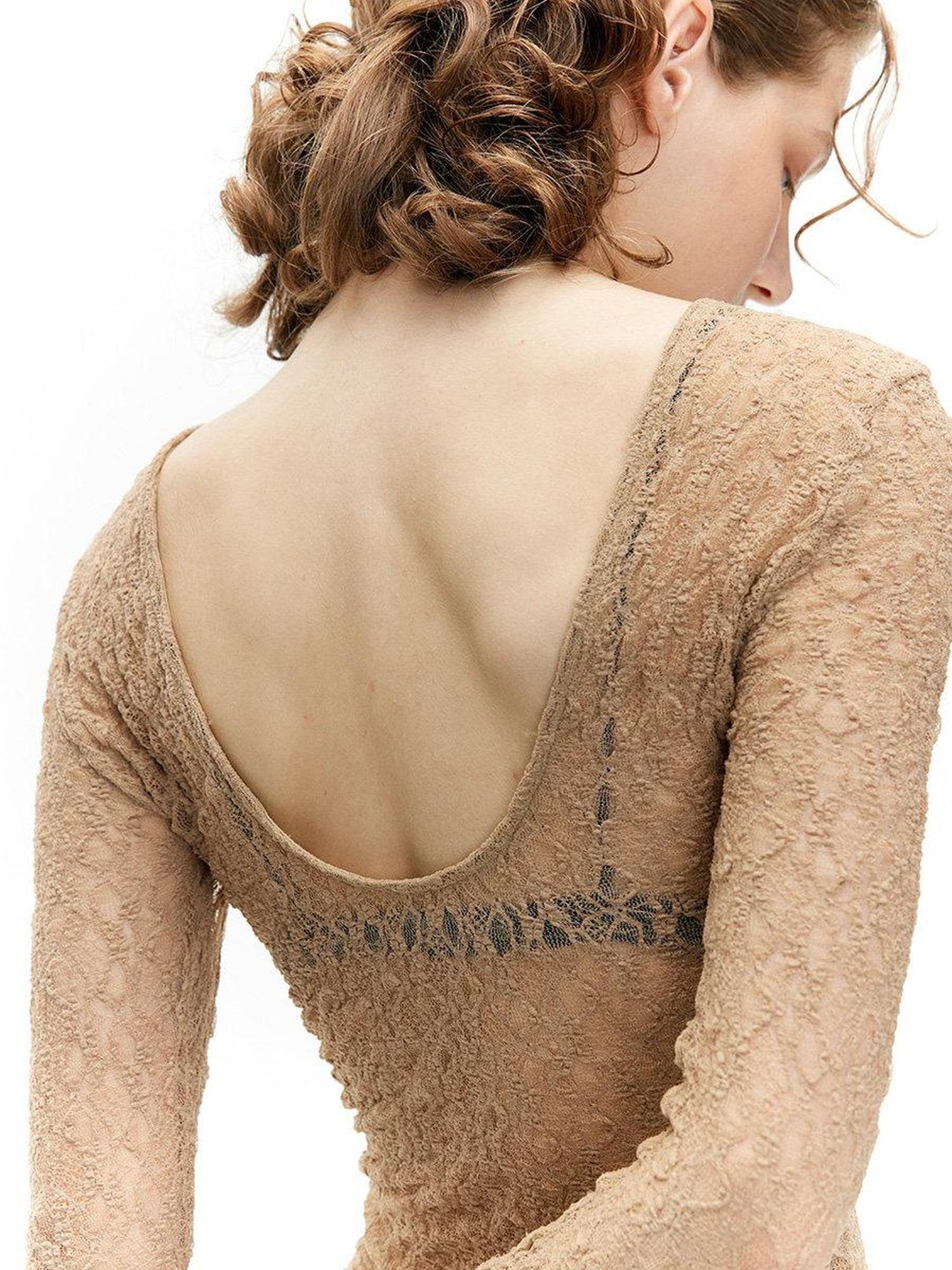 LoalaOffice Backless Slim Fit Casual Pullover Long Sleeve Low Scoop Neck Nylon Women Tops