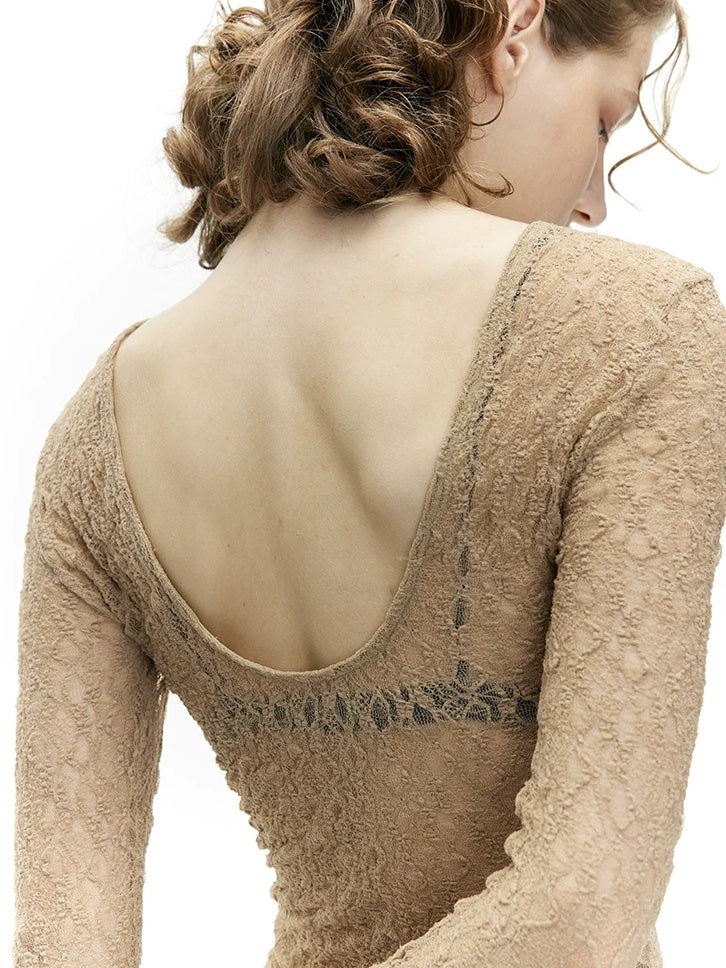 LoalaOffice Backless Slim Fit Casual Pullover Long Sleeve Low Scoop Neck Nylon Women Tops