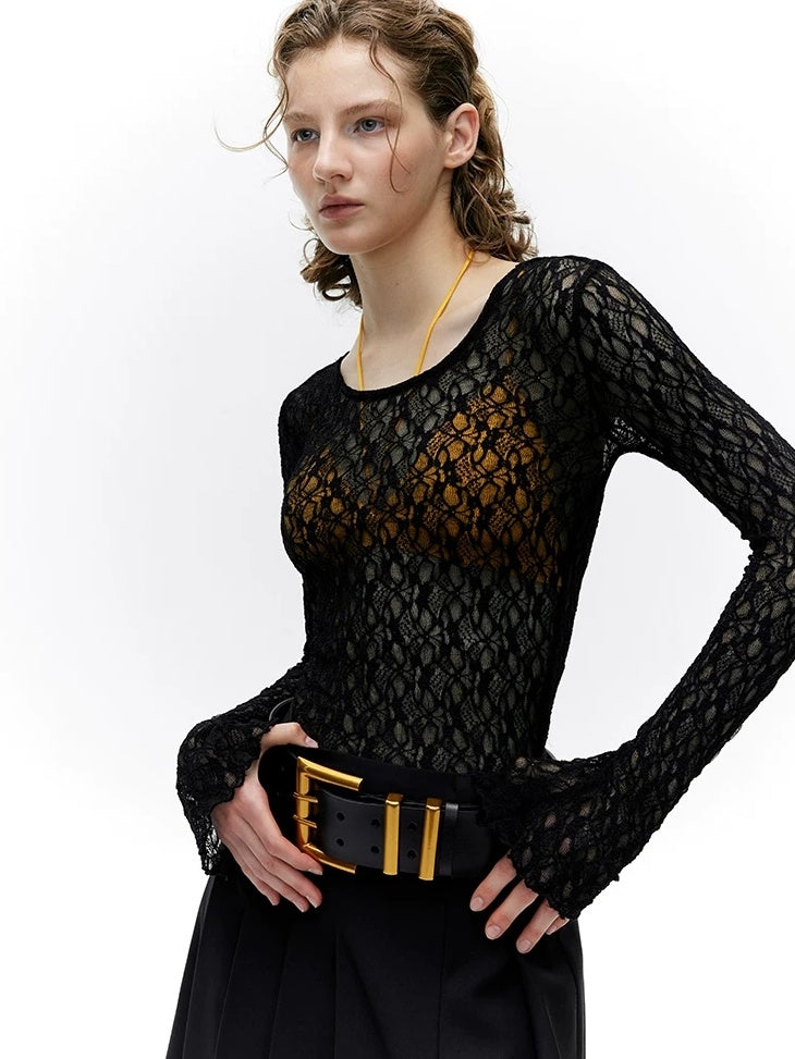 LoalaOffice Backless Slim Fit Casual Pullover Long Sleeve Low Scoop Neck Nylon Women Tops