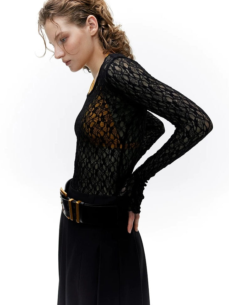 LoalaOffice Backless Slim Fit Casual Pullover Long Sleeve Low Scoop Neck Nylon Women Tops