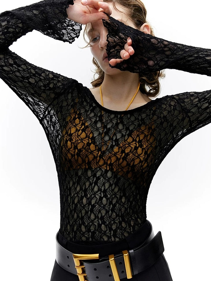 LoalaOffice Backless Slim Fit Casual Pullover Long Sleeve Low Scoop Neck Nylon Women Tops