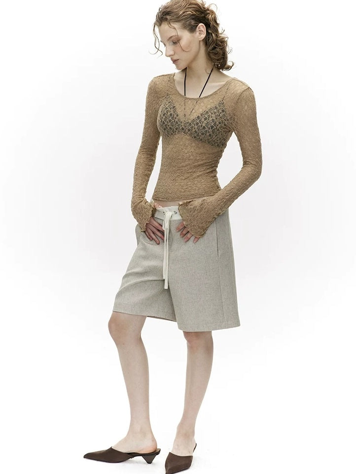 LoalaOffice Backless Slim Fit Casual Pullover Long Sleeve Low Scoop Neck Nylon Women Tops