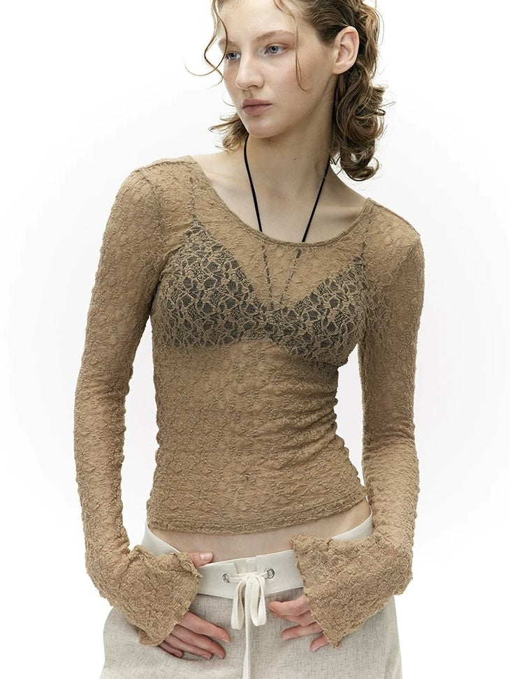 LoalaOffice Backless Slim Fit Casual Pullover Long Sleeve Low Scoop Neck Nylon Women Tops