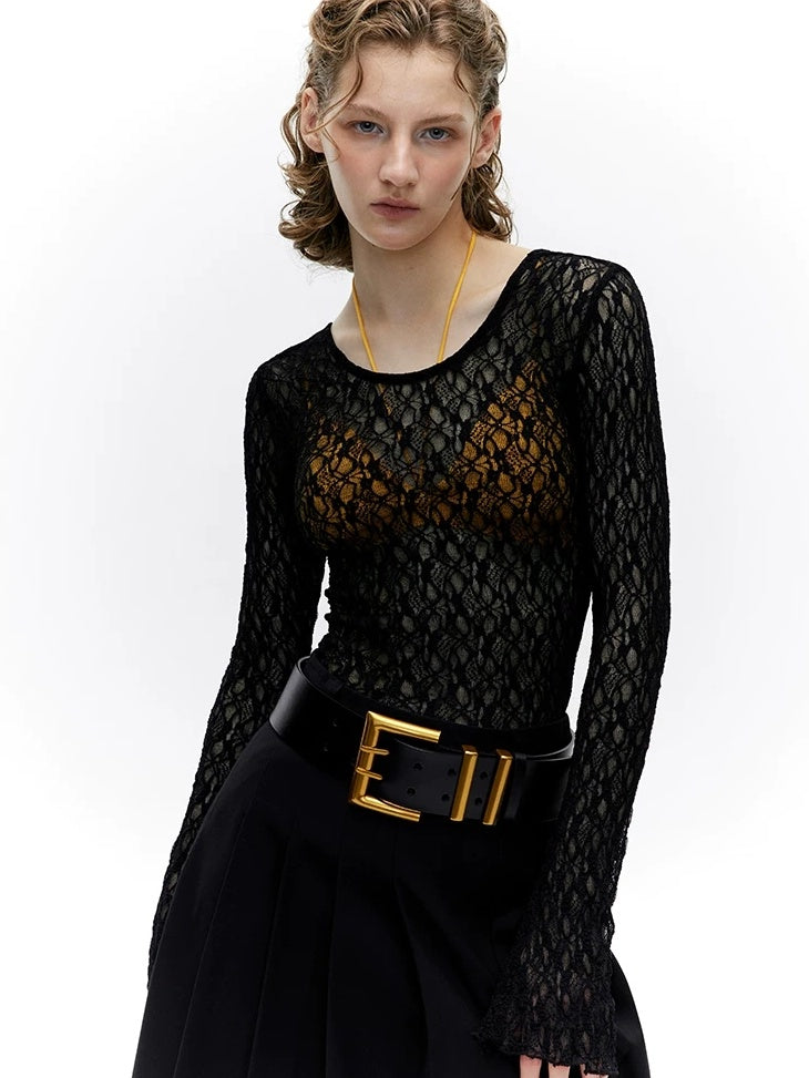 LoalaOffice Backless Slim Fit Casual Pullover Long Sleeve Low Scoop Neck Nylon Women Tops