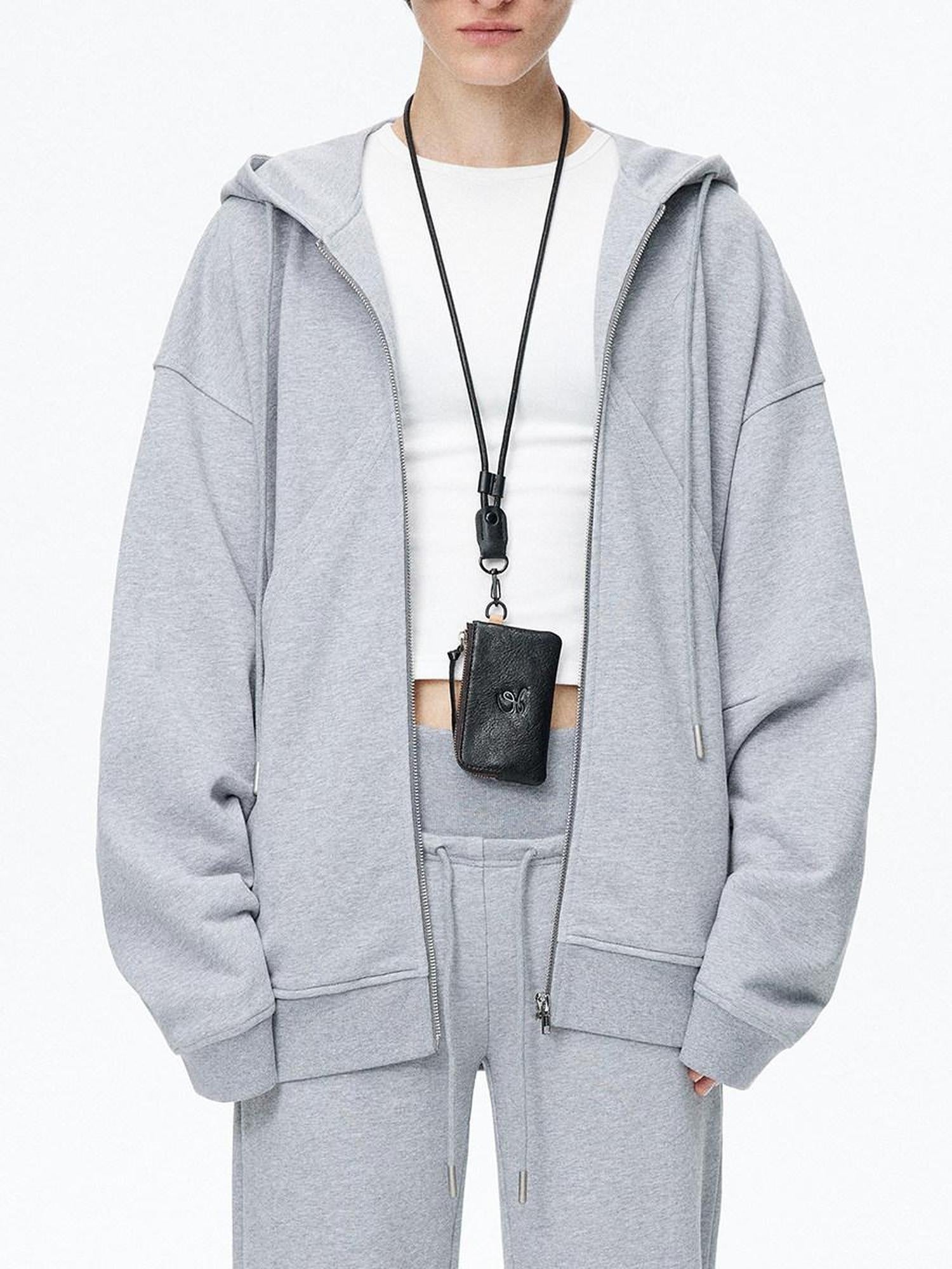 LoalaOffice Black Genuine Leather Hoodie Boxy European Streetwear Women Youth Casual Tops