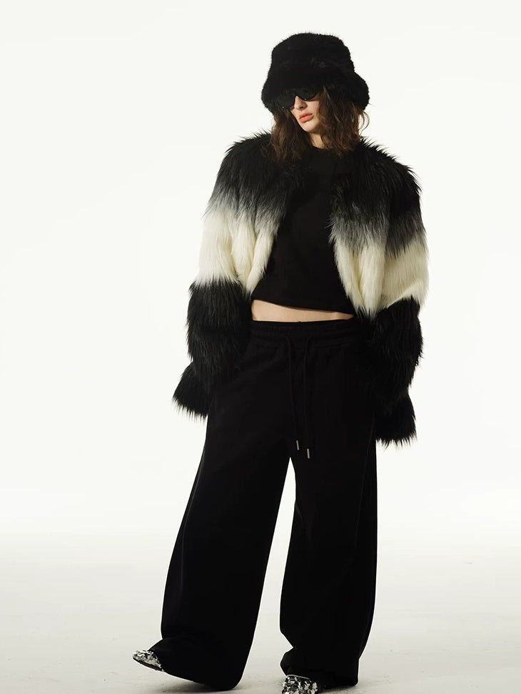 LoalaOffice Black White Gradient V Neck Zipper Pocket Mid Length Women Outerwear