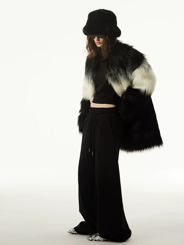 LoalaOffice Black White Gradient V Neck Zipper Pocket Mid Length Women Outerwear