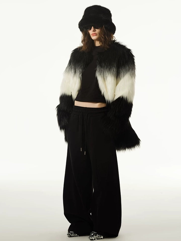 LoalaOffice Black White Gradient V Neck Zipper Pocket Mid Length Women Outerwear