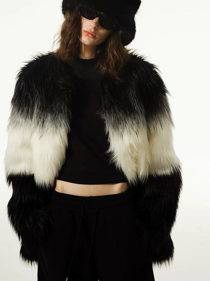 LoalaOffice Black White Gradient V Neck Zipper Pocket Mid Length Women Outerwear