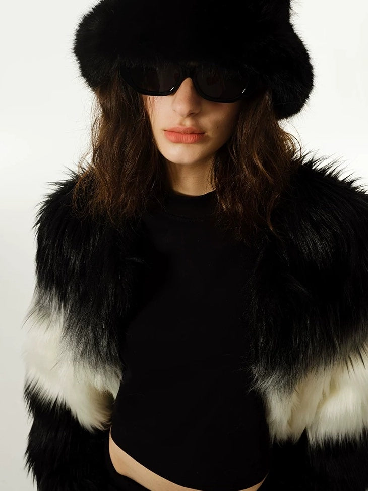 LoalaOffice Black White Gradient V Neck Zipper Pocket Mid Length Women Outerwear